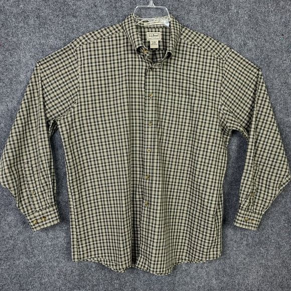 LL Bean Button Down Shirt Men L Green Ivory Check Plaid Long Sleeve No Wrinkle - Picture 1 of 13